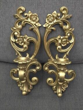 Vintage Homco Gold Floral Sconces 1971 Hollywood Regency Wall Decor #4118